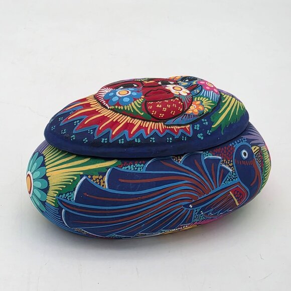 Hand-Painted Mexican Pottery Sun & Moon Trinket Box With Lid 5" - Picture 4 of 10